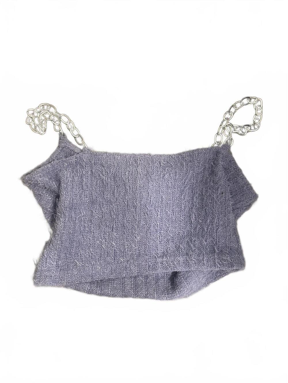 Purple Knit Crop Top with Chain Straps and Butterfly Patch - Picture 2 of 4